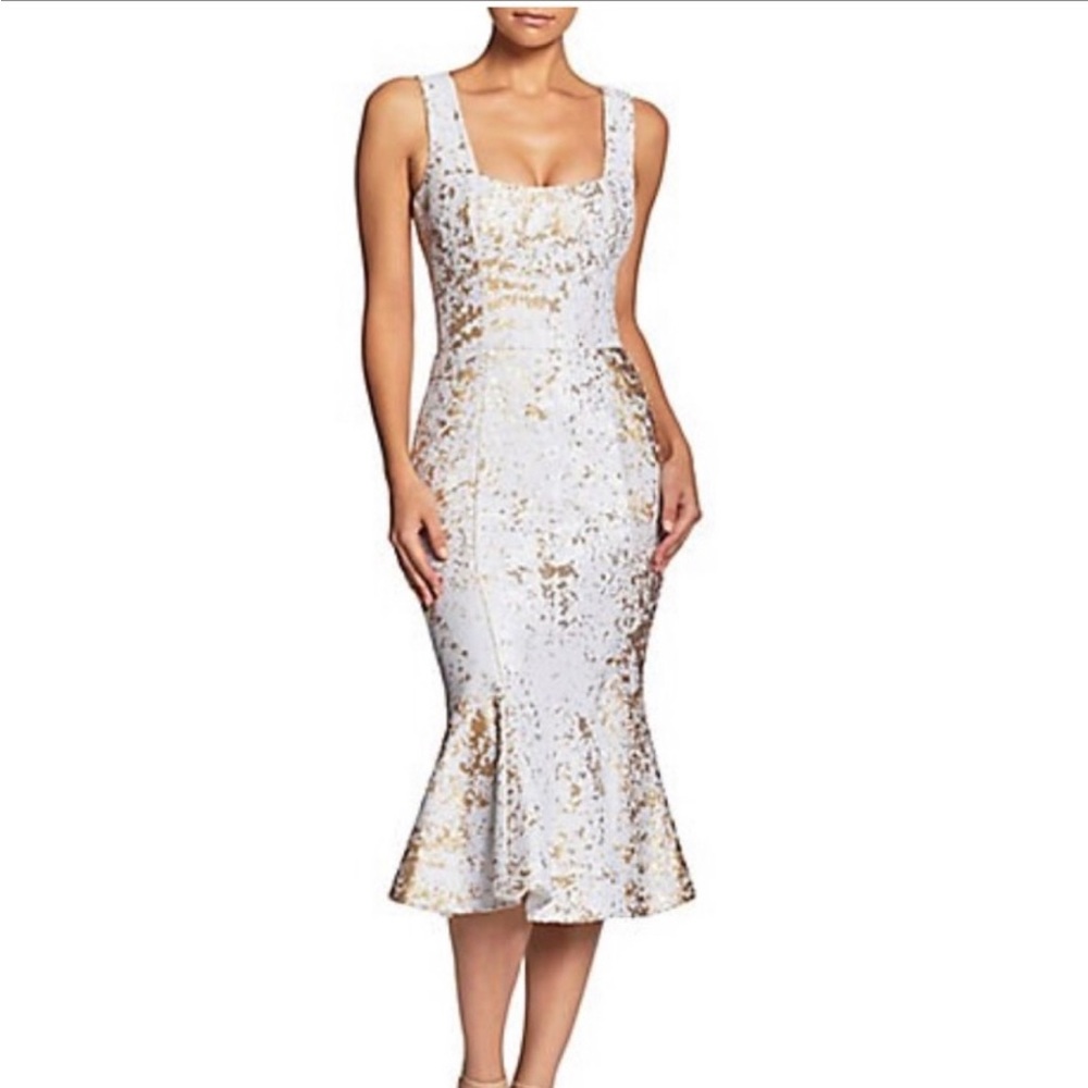 DRESS THE POPULATION Fiona Mermaid Midi Dress - Women’s Size S - White & Gold